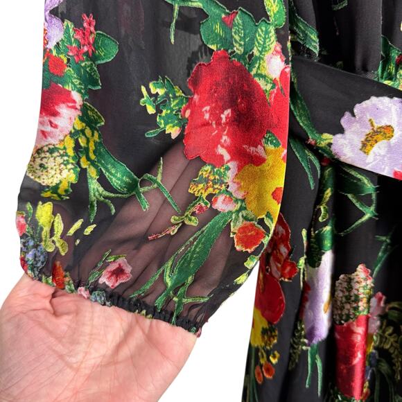 Alice + Olivia Abney Floral Burnout Velvet Detail Long Sleeve Midi Wrap Dress - Picture 10 of 16